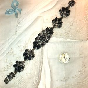 Antique French Jet Black Silver Filigree Metal Work Victorian Revival Bracelet